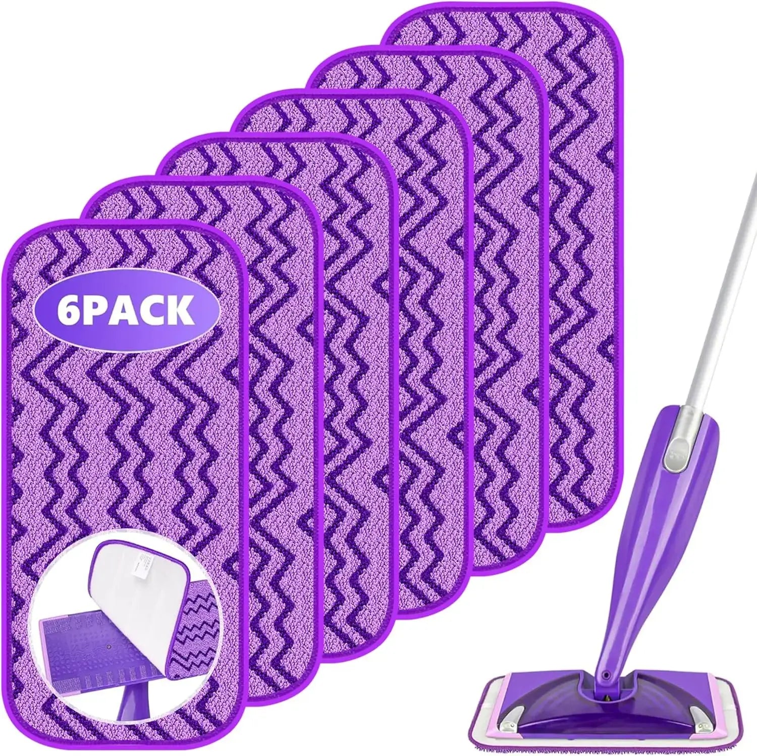 6 Pack Reusable Mop Pads Compatible with Swiffer Wet Jet Mops, Microfiber Wet Jet Pads Refills Washable Dry Wet Mopping Cloths for Swiffer WetJet 12" Mop All Purpose Hardwood Floor Cleaning, Purple