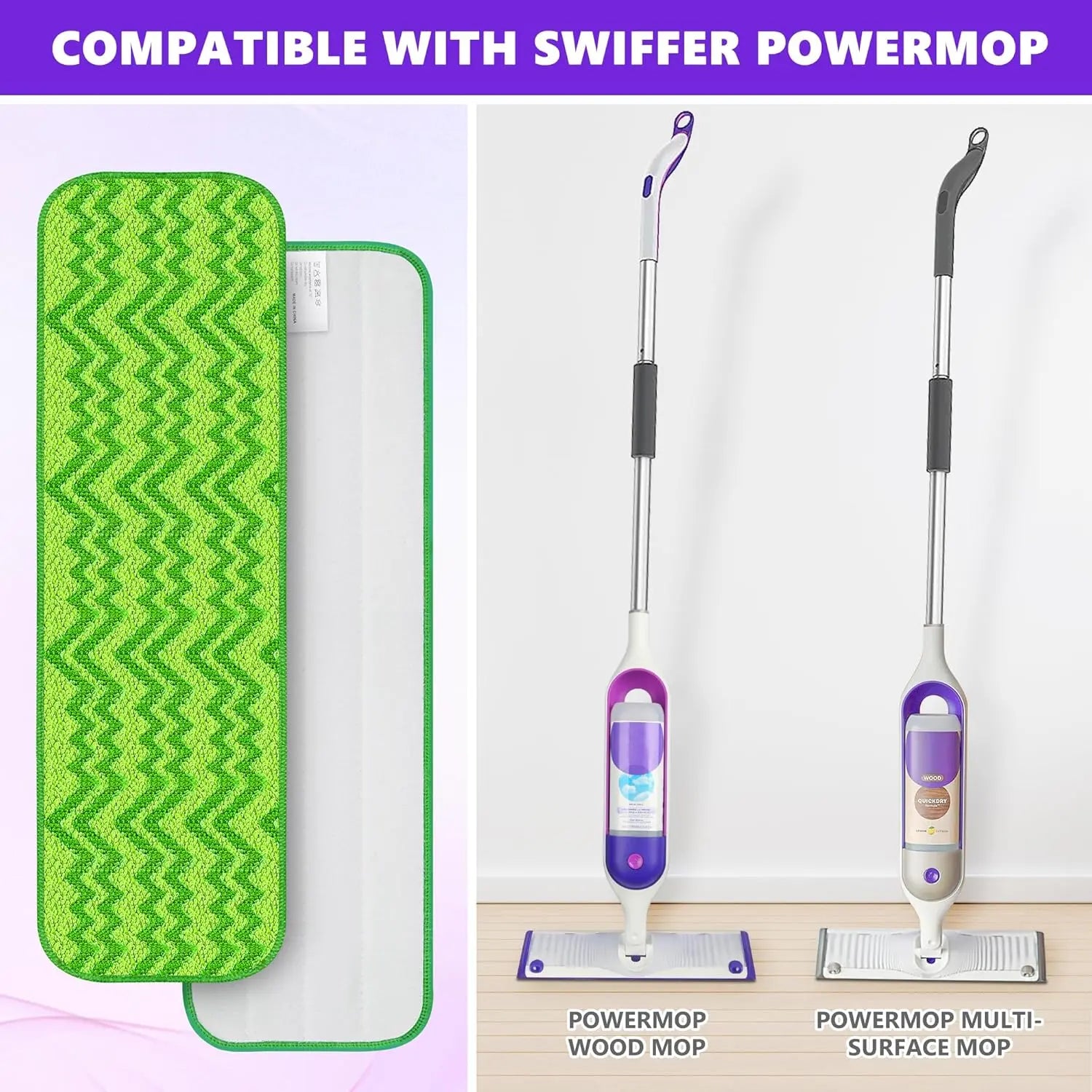 Reusable Mop Pads Compatible with Swiffer PowerMop - 6 Pack Microfiber Washable Mopping Pads for 13" 14" 15" Power Mop Multi-Surface Wood Floor Cleaning, Green